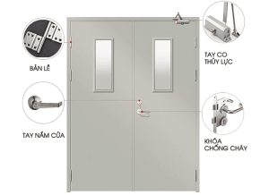 Mẫu cửa chống cháy 2 ô kính 1 tay co thủy lực