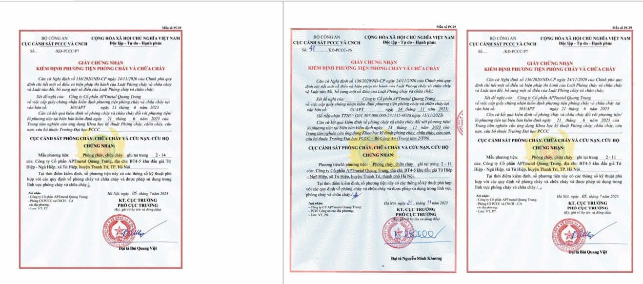 giấy chứng nhận kiểm định cửa chống cháy apt